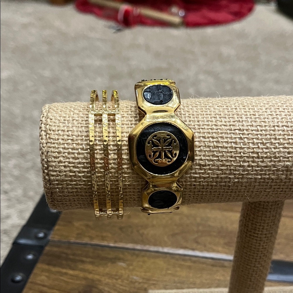 Rustic Cuff Gold and Black Bracelet Set